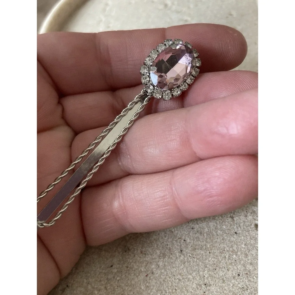 Silver Tone Pink‎ Rhinestone Bobby Pin Hair Clip Oval Gem Bridal Prom Barrette